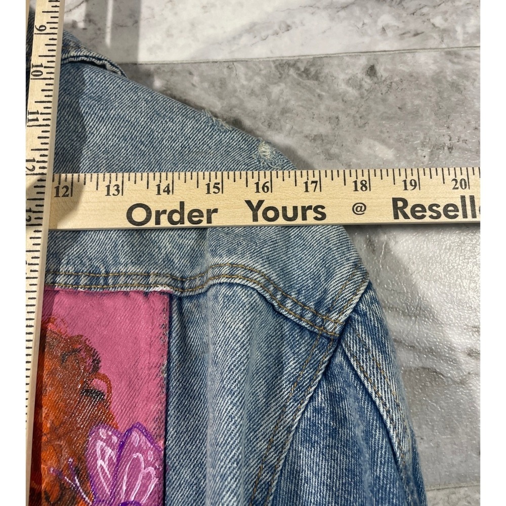 Custom Hand Painted Denim Jacket Women's Small Distressed Blue Wearable Art - Picture 13 of 16
